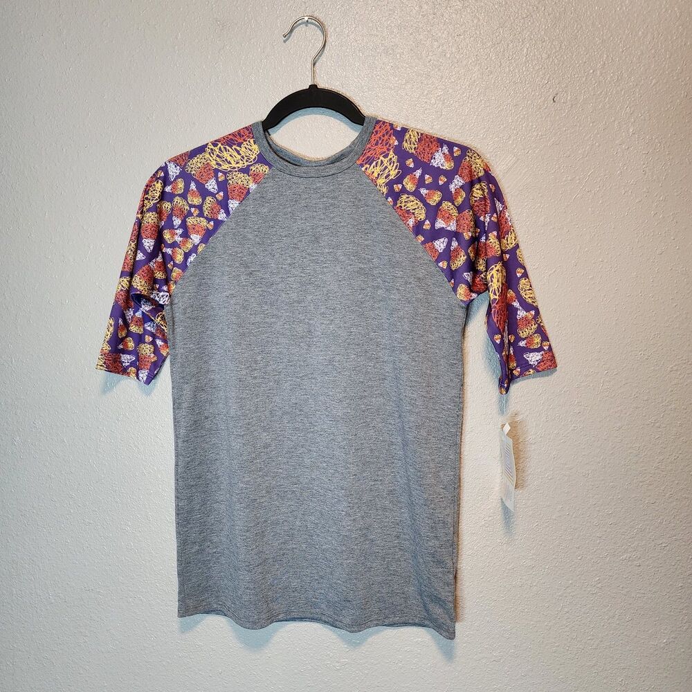 NWT LuLaRoe Sloan Kids Size 12 Halloween Scribble Candy Corn Raglan Baseball Tee